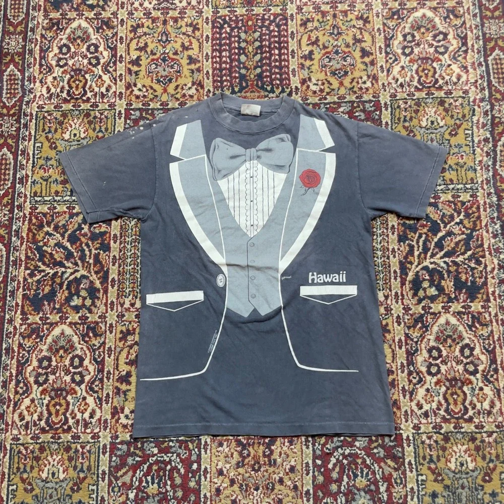 VTG 1980 Tuxedo Gag T Shirt Hawaii Single Stitch Hanes Beefy-T Faded Black M USA